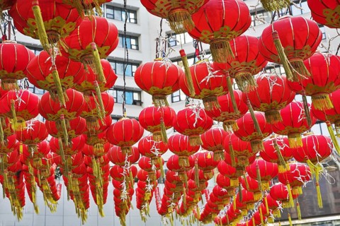 The traditional red lanterns decorating the Chinese city in New year