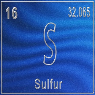 Sulfur chemical element, Sign with atomic number and atomic weight, Periodic Table Element