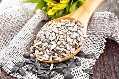 Sunflower seeds peeled in spoon and seeds in a shell on burlap, sunflower flower on background of