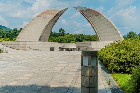 Cheonan, South Korea, August 8, 2019: Reunification Monument housing bronze bell under dome
