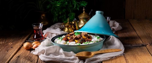 Tajin beef stew with rice, peppers and sesame seeds