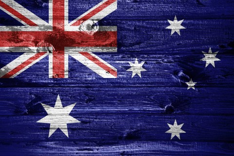 Australia flag on wooden planks background wood flag