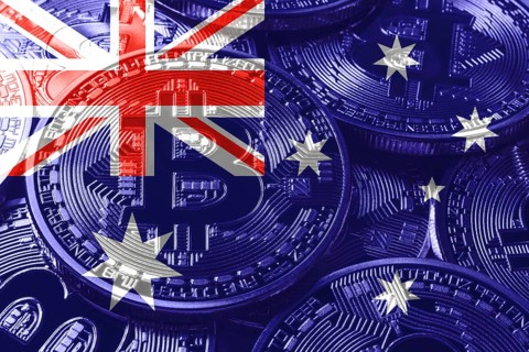 Australia bitcoin flag, national flag cryptocurrency concept black background