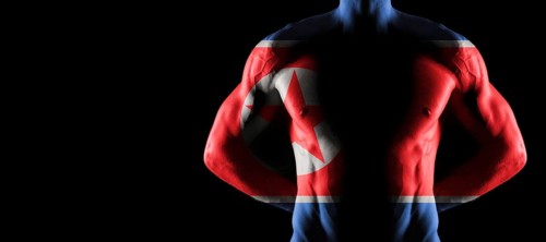 North Korea flag on muscled male torso with abs, black background