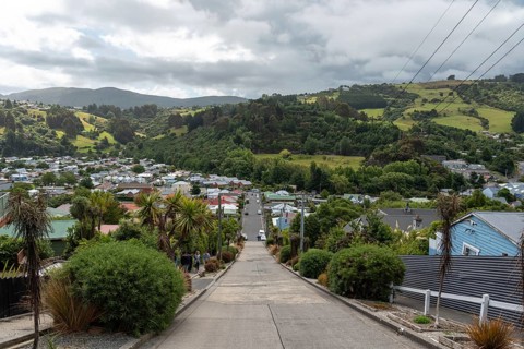 Famous Baldwin street in Dunedin, the steepest street in the world, South Island of New Zealand