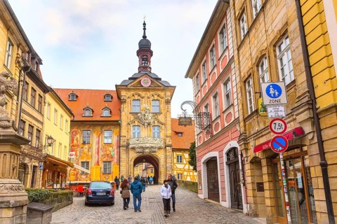 Bamberg, Germany, February 19, 2017: Icon of Bamberg Obere bridge or brucke and Altes Rathaus town