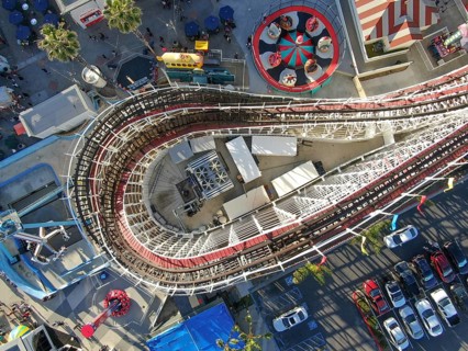Aerial view of iconic Giant Dipper roller coaster in Belmont Park, an amusement park built in 1925