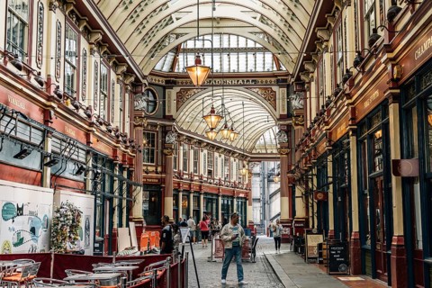 London, UK, August 25, 2023: Interior view of the famous Leadenhall Market in the City of London.