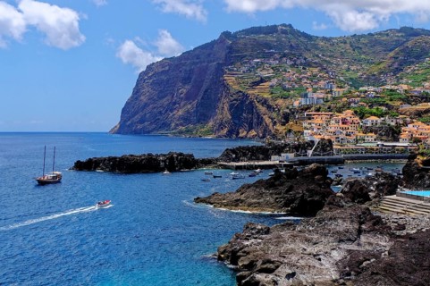 Camara de Lobos, harbour, fishing boats, Atlantic Ocean, Cabo Cirao 580 m, south coast, Madeira