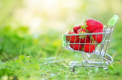 Trolley with a supermarket with strawberries on the green grass. Beautiful summer berries