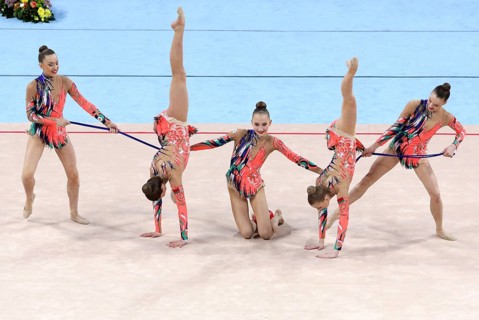 Sofia, Bulgaria - 6 May, 2017: Team Belarus performs during Rhythmic Gymnastics World Cup Sofia