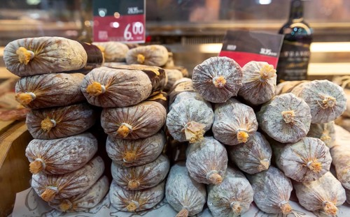 Dried salami sausages. Traditional Bulgarian dried flat salami