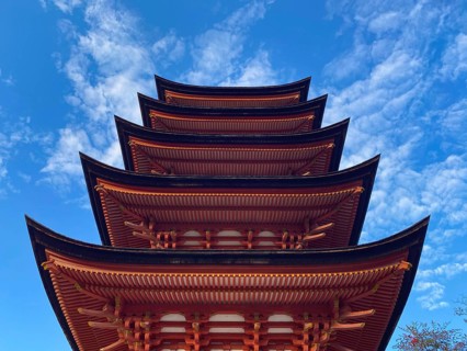 View of famous Itsukushima shrine on Miyajima island in Hatsukaichi, Hiroshima, Japan