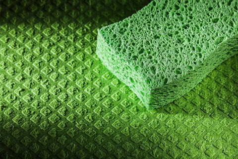 New kitchen sponge on dishcloth