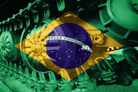 Military tank close-up Caterpillar Track with Brazil flag Background