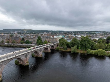 Smeaton's Bridge, stone arch bridge, drone shot, Perth, Scotland, Great Britain