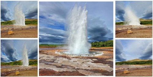 Card memory. Gushing geyser Strokkur. Collage showing different phases of the action of the geyser