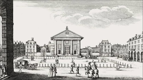 Square before the market hall, Covent Garden, London, after Hollar, 1647