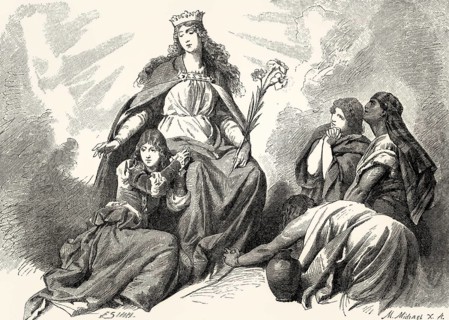 The virgin Mary, Gretchen and three biblical holy women plead for Faust's soul, act V, Faust II,
