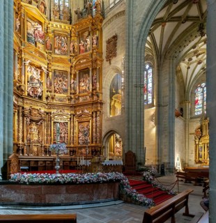 Astorga, Spain, 12 April, 2024: view of the altar and gilded altar piece in the central nave of the