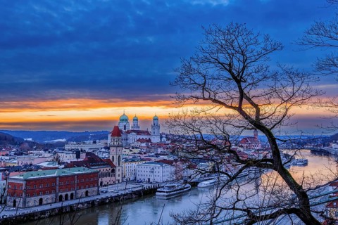 View of Passau in Bavaria at sunset on a winter evening