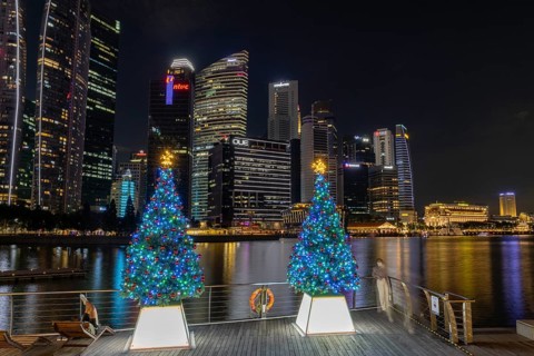 City centre skyline with Christmas trees, Marina Bay waterfront, Singapore, Singapore