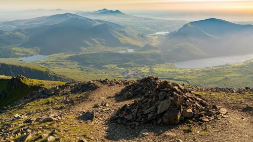 View from Garnedd Ugain, Gwynedd, Wales, UK, looking west towards Llyn Cwellyn and the coast
