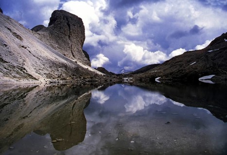 Lake Antermoia, South Tyrol, Italy In the rose garden mountains the Antermoia Lake, South Tyrol,