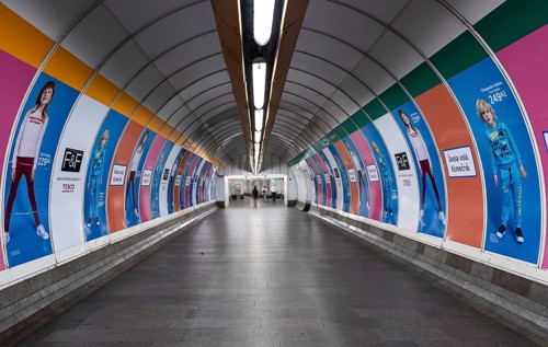 Prague, Czech Republic, 08 01 2020 Colorful pedestrian tunnel of the Mustek station