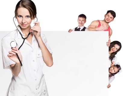 Family at the doctor appointment isolated on the white background