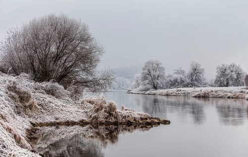 Landscape with River Weser near Wesertal in winter, district of Kassel, Hesse, Germany