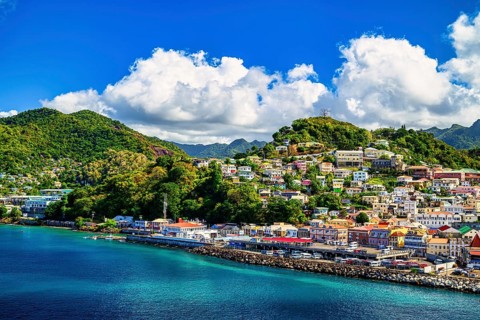 St. George's capital of the Caribbean island of Grenada seen from the sea