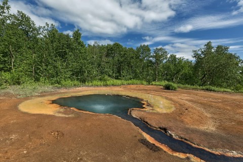 Beautiful summer landscape Kamchatka: views of the Hot spring Griffin by Ivanov, in Nalychevo