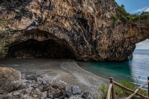 Landscape shot on the coast. View of a beach and the sea. Breathtaking coastline and Mediterranean