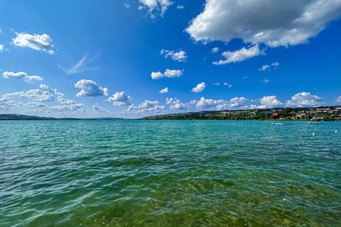 A calm lake with clear water under a sunny, blue sky with white clouds and a green landscape on the