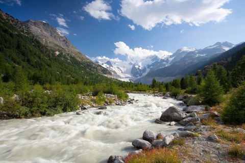 Swiss mountain landscape of the Morteratsch Glacier Valley hiking trail in the Bernina Mountain