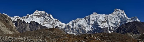 Panorama of Mount Everest and Lhotse, two of the highest mountains in the world, of Himalayas in