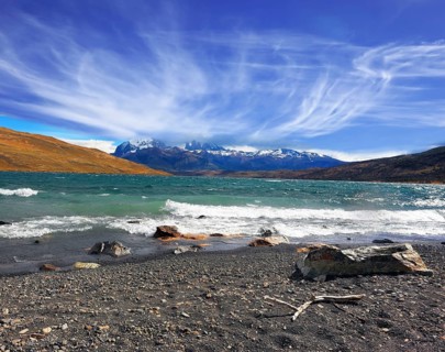 National Park Torres del Paine. Patagonia, Chile. Stormy wind blows high waves on Lake Laguna Azul