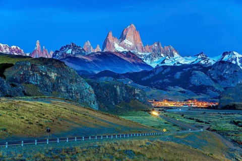 Early morning in the village of El-Chalten. Mountain peak in Patagonia. The grand crimson dawn over