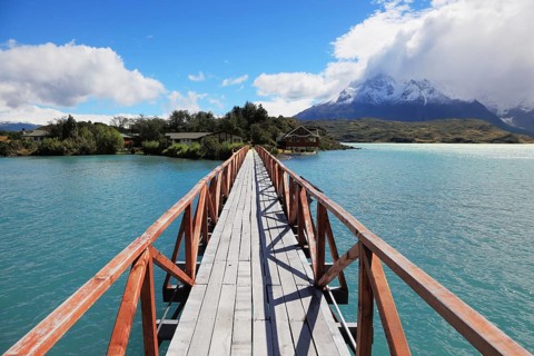 National Park Chile - Torres del Paine. Easy Bridge at Lake Pehoe connects the island and the shore