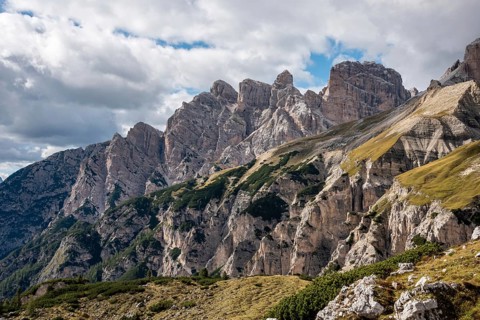 Scenic calm mountain landscape in the surroundings of the famous Three Peaks mountains, Dolomites