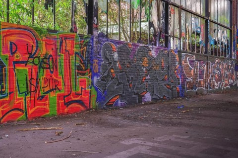 Abandoned factory with graffiti walls and broken windows, Dortmund-Hafen railway depot, Lost Place,