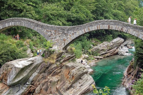 Stone arches of the ancient Roman bridge Ponte dei Salti, Val Verzasca, Switzerland, 17 July 2008