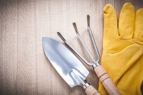 Stainless gardening trowel fork with hand spade and leather safety gloves on wooden board