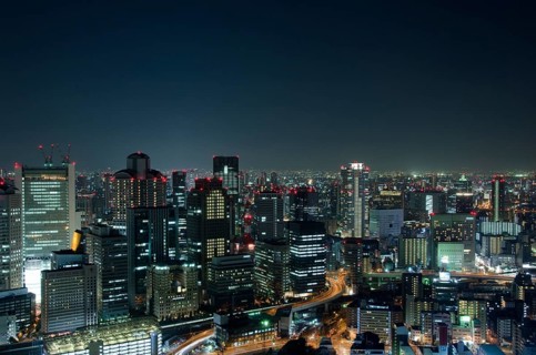 Skyline of Osaka City in Japan at night with lots of lights, Osaka, Japan