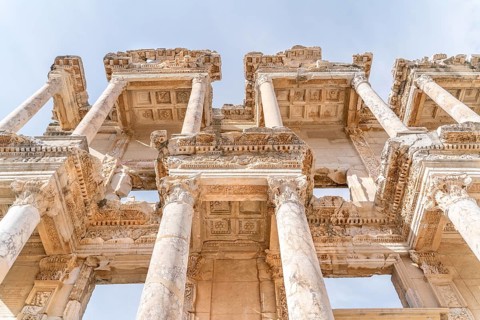 Celsus Library in Ephesus in Selcuk (Izmir), Turkey. Marble statue is Sophia, Goddess of Wisdom, at