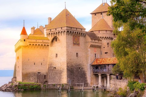 Montreux, Switzerland, October 12, 2019: People near Chillon castle on the Leman lake