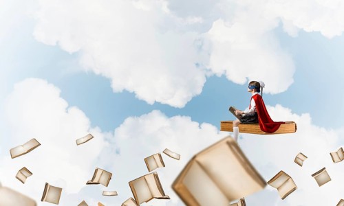 Girl power concept with cute kid guardian against cloudscape background