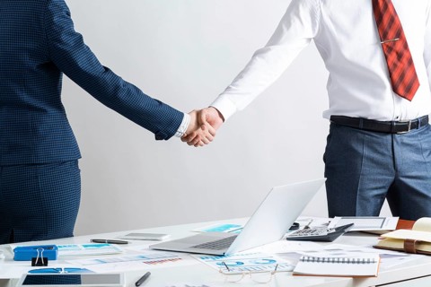 Businessman and businesswoman handshaking after good deal. Business consultation and cooperation in