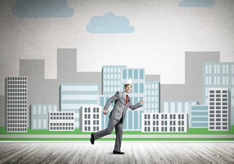 King businessman in elegant suit running and cityscape silhouette at background